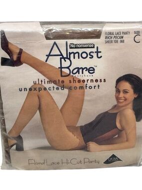 Vtg No Nonsense Almost Bare Pantyhose Size C Rich Pecan Lace Panty Sheer Toe